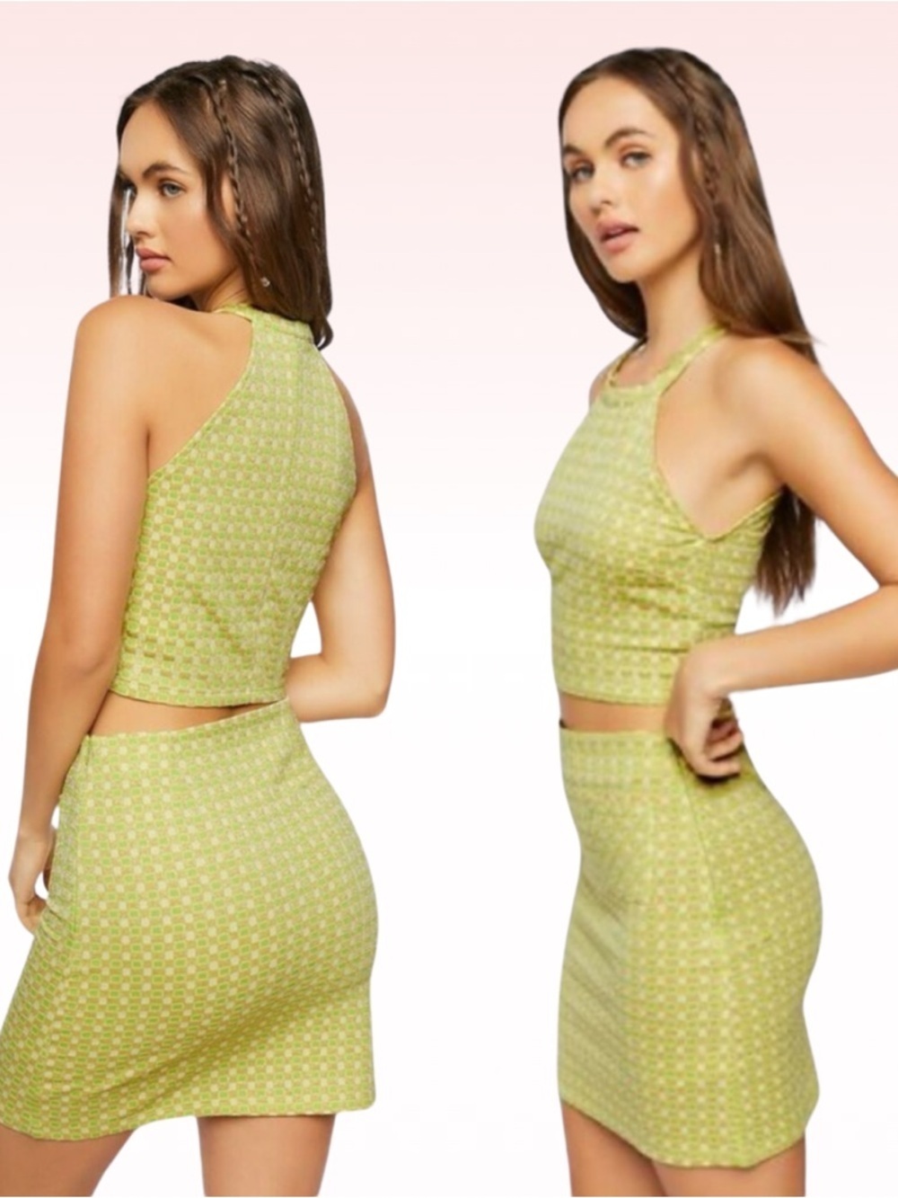 FOREVER 21 Green & Yellow Geometric Print Skirt & Crop Set (Sz S)